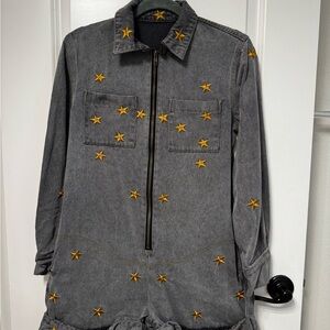 Gray Denim Jumpsuit with Star Accents